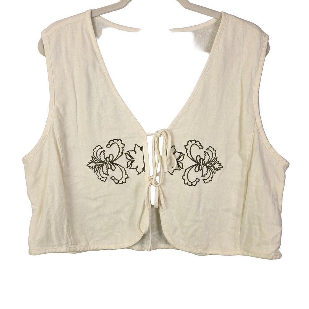 BOHO HIPPIE FESTIVAL Nicole Miller Embroidered Tie-Front Vest Cream XL Linen NWT